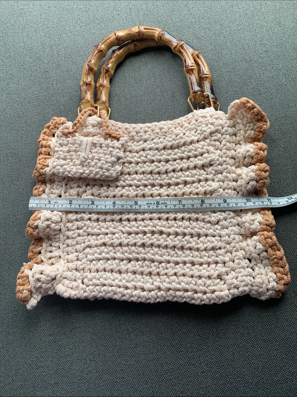 Cream & Tan Crochet Tote with Bamboo Handles - Picture 4 of 5